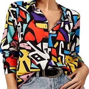 Abstract Geometric Colorful Button Down Shirt Blouse Shirt  Pop Art Mod Print…